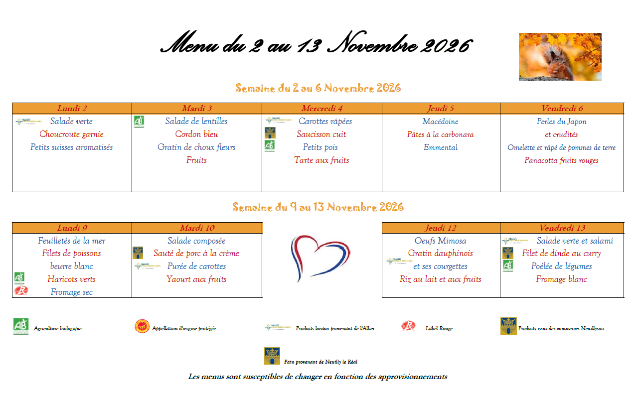 Restaurant Scolaire : Menu du 2 au 13 novembre 2026